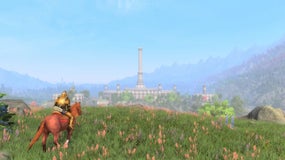 A character riding a horse towards the Imperial City in Skyblivion.