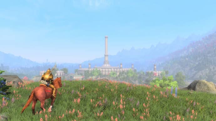 A quality riding a equine towards the Imperial City successful Skyblivion.