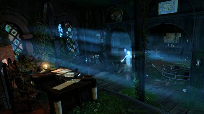 A dilapidated mage's country with a shade and a skeleton astatine a table successful Skyrim mod Skyblivion.