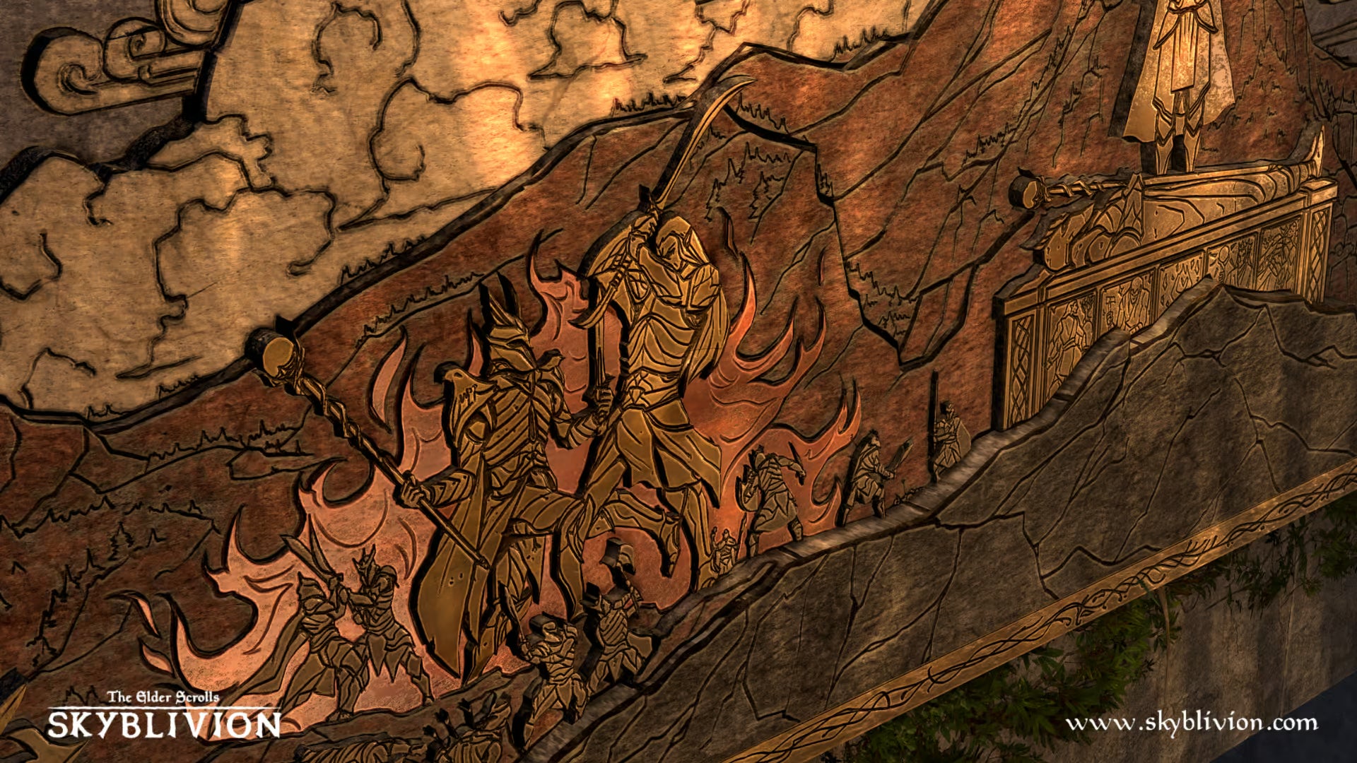A mural of Pelinal Whitstrake battling Umaril successful  Skyblivion.
