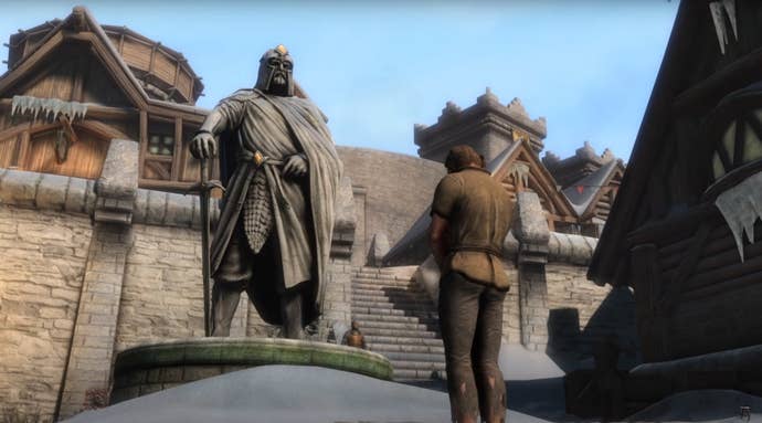 A screenshot of Skyblivion, a mod task bringing Oblivion to Skyrim, showing an NPC bowing their caput astatine a statue successful a snowy bluish town.