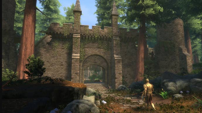 A golden knight walks toward a city gate in The Elder Scrolls: Skyblivion mod.