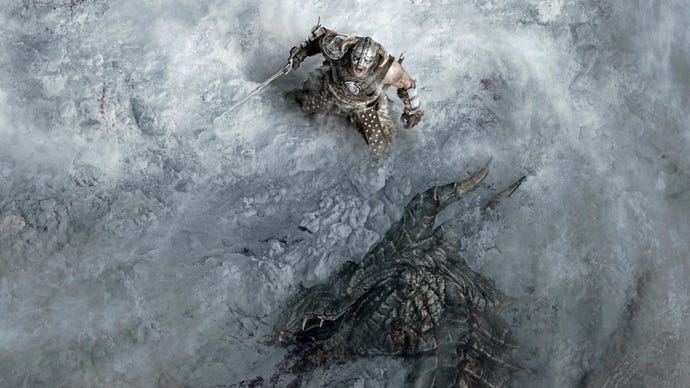 The Dragonborn roars at the sky next to a fallen dragon in The Elder Scrolls V: Skyrim