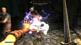 Shooting magic lightning at an enemy in The Elder Scrolls V: Skyrim