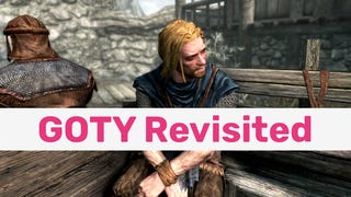 A screenshot from the opening of The Elder Scrolls V: Skyrim, showing the  blond Stormcloak rebel tied up in the back of a cart. A test banner reading 'GOTY Revisited' in pink is superimposed on the image