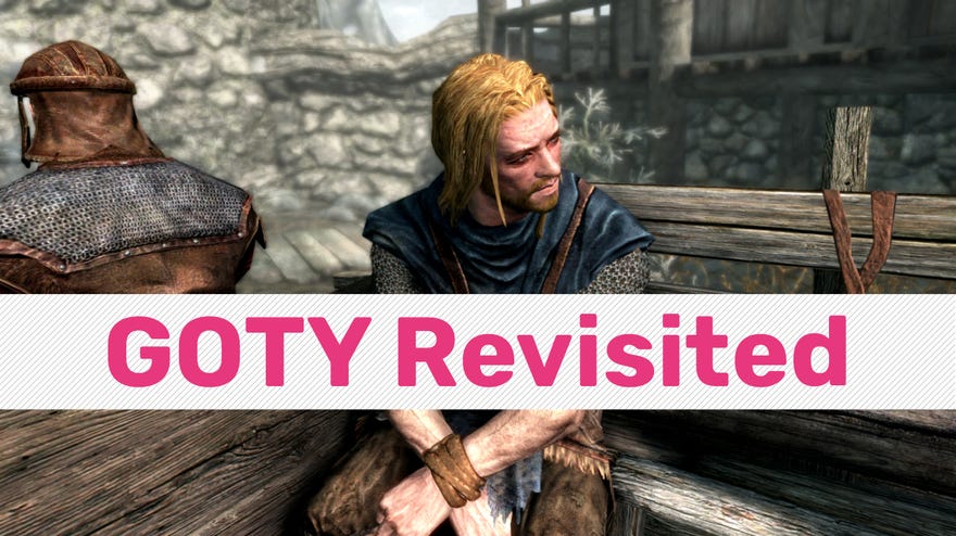A screenshot from the opening of The Elder Scrolls V: Skyrim, showing the blond Stormcloak rebel tied up in the back of a cart. A test banner reading ‘GOTY Revisited’ in pink is superimposed on the image