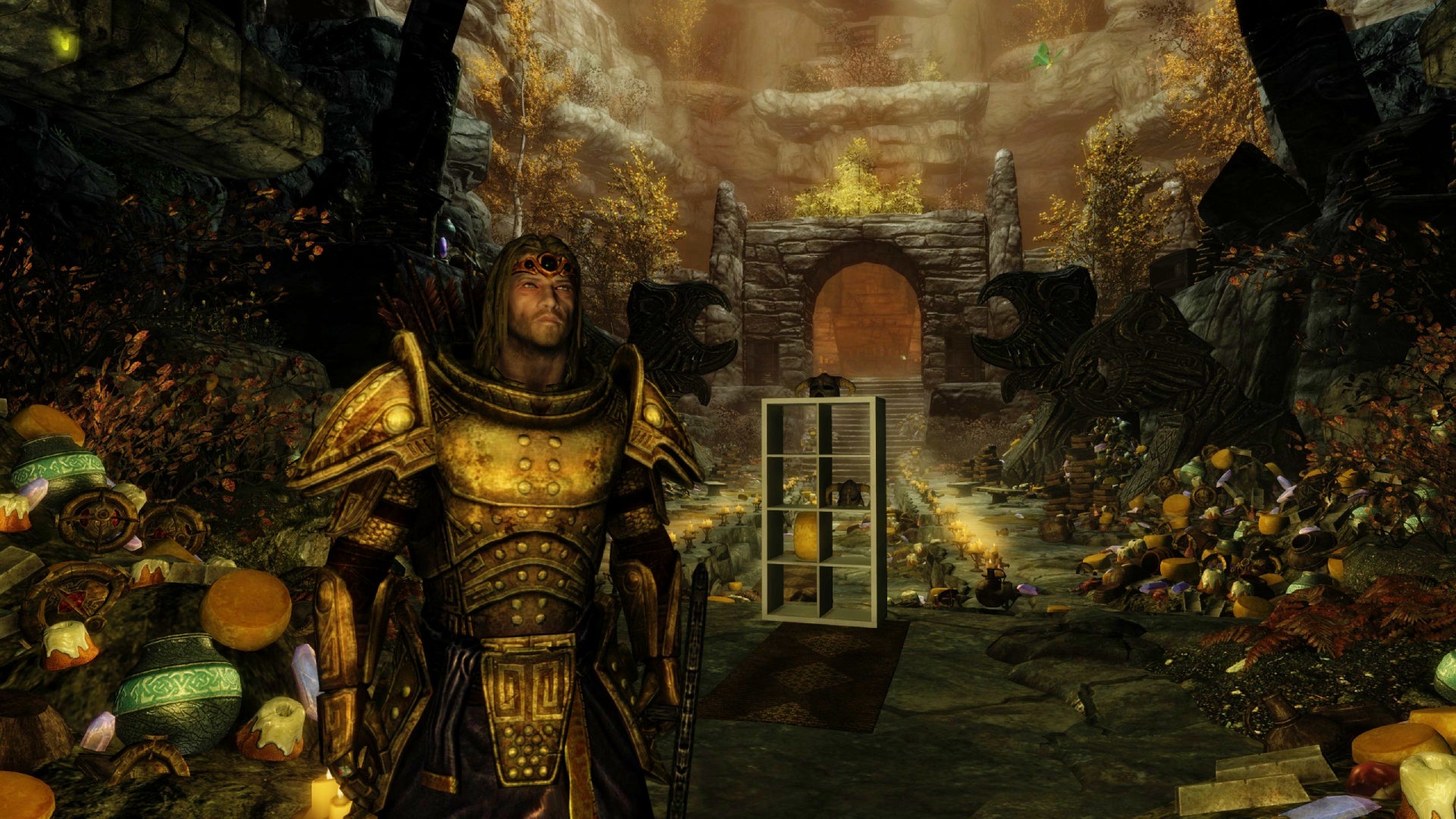 The Dragonborn and Kallax in a messy dungeon in the Skyrim IKEA mod.