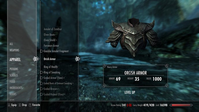 An inventory screen in The Elder Scrolls V: Skyrim, showing orc armour