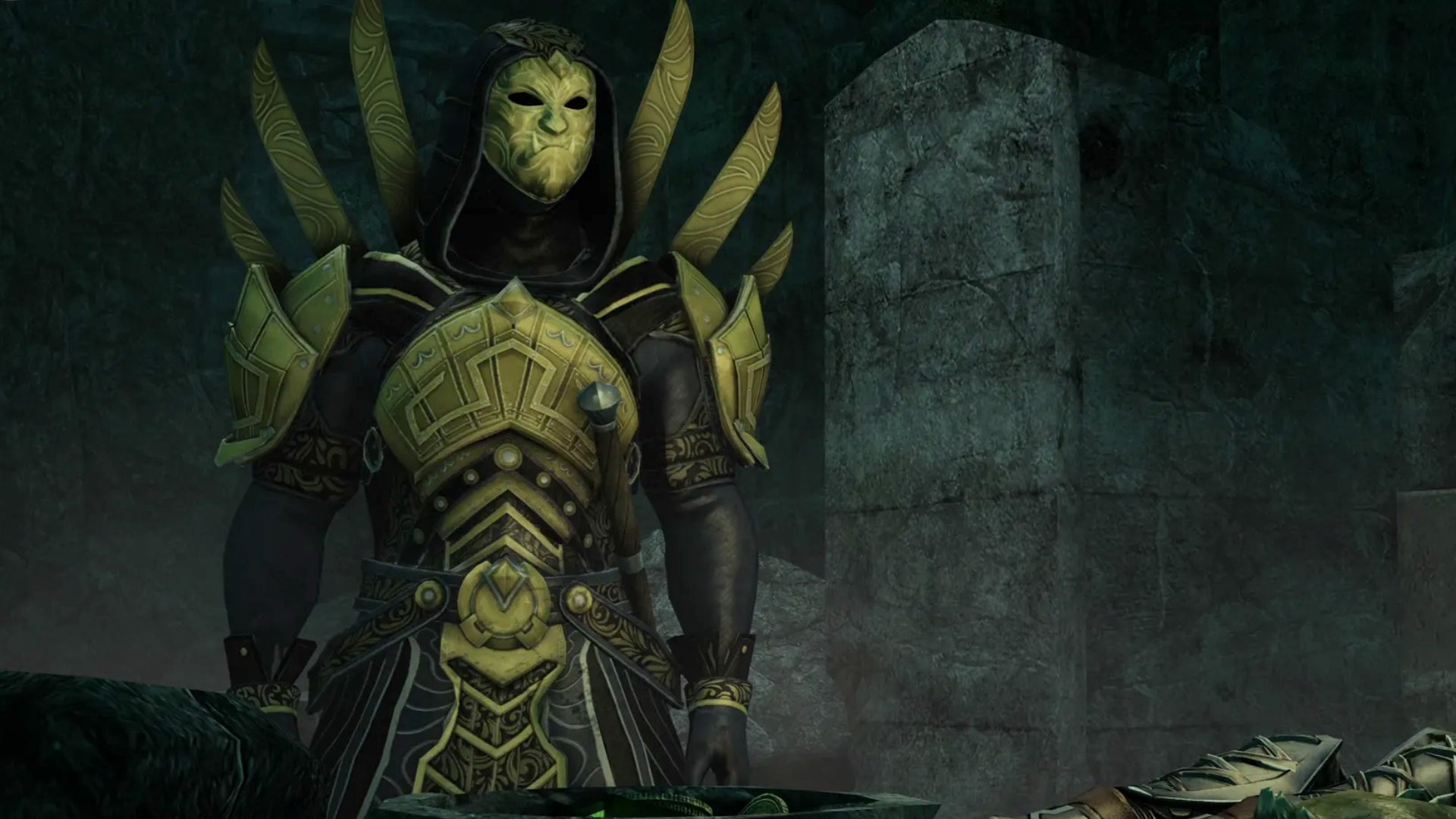 A masked character in Skyrim creation Legacy of Orsinium.