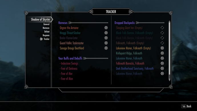 A list of Nemeses and debuffs in the Shadow of Skyrim mod.