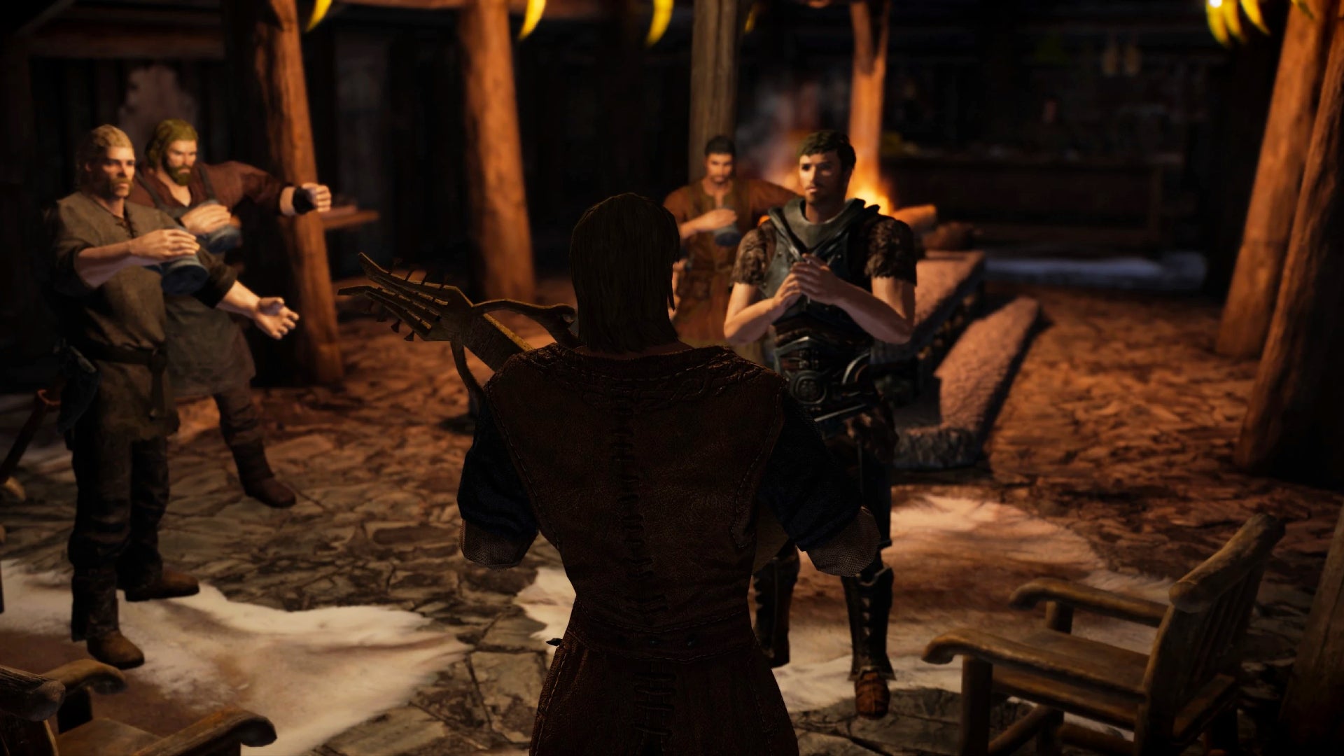 A bard performing in a tavern in Skyrim.