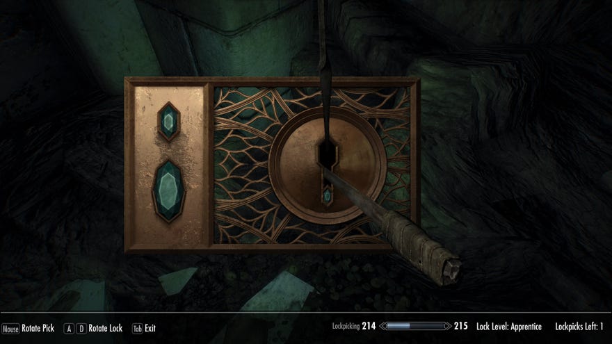 Picking an ornate lock in a screenshot of Skyrim’s Security Overhaul Add-ons mod.