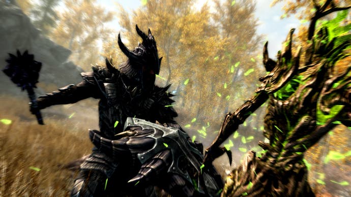 Screenshot from The Elder Scrolls V: Skyrim Special Edition showing a one-to-one battle in action on a grassy plain