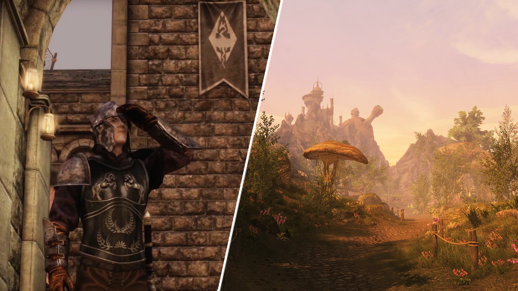 A dark elf adventurer looking into the distance in Skyrim mod Skywind, alongside the landscape of the mod's Morrowind. - 1