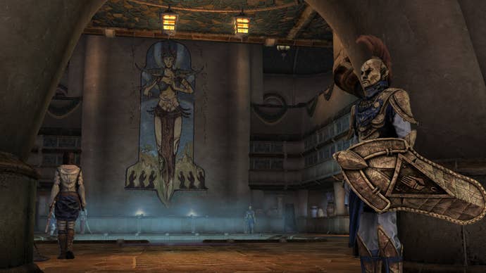 An Ordinator lasting adjacent a mural of Almalexia successful Skywind.