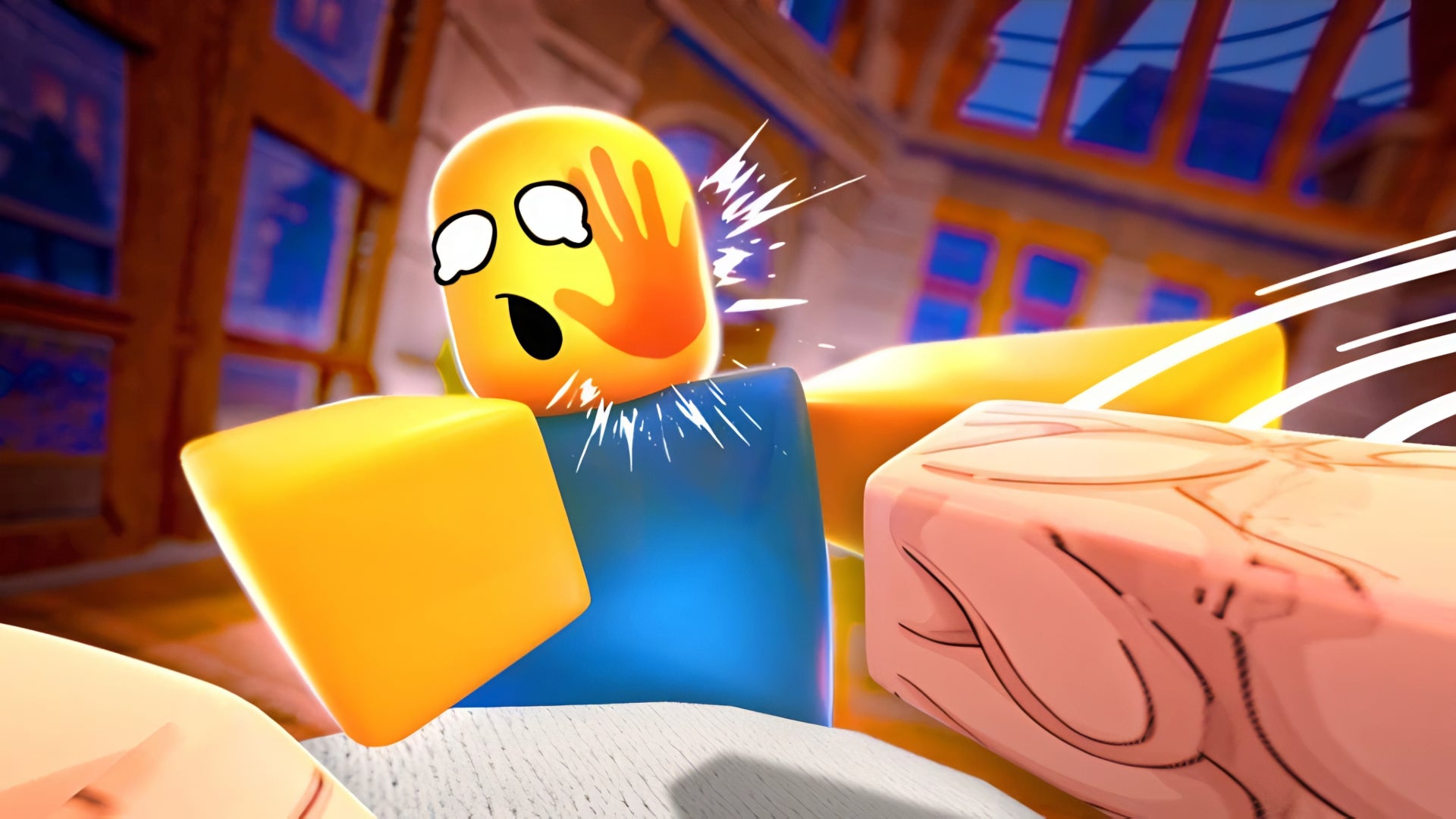 A header for the Roblox game Slap, showing a first person perspective of a Roblox avatar being ruthlessly slapped. - 1