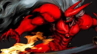 Key art for Slave Zero X showing a red armored figure with a monster mouth and silver hair holding a flaming sword