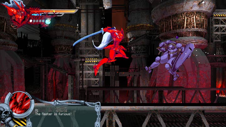 Slave Zero X screenshot showing a red armored figure with white hair and a sword jumping at a flying enemy in mechanized armor