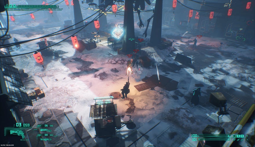 A man in a snowy cyberpunk scene viewed from above in SlavicPunk: Oldtimer.