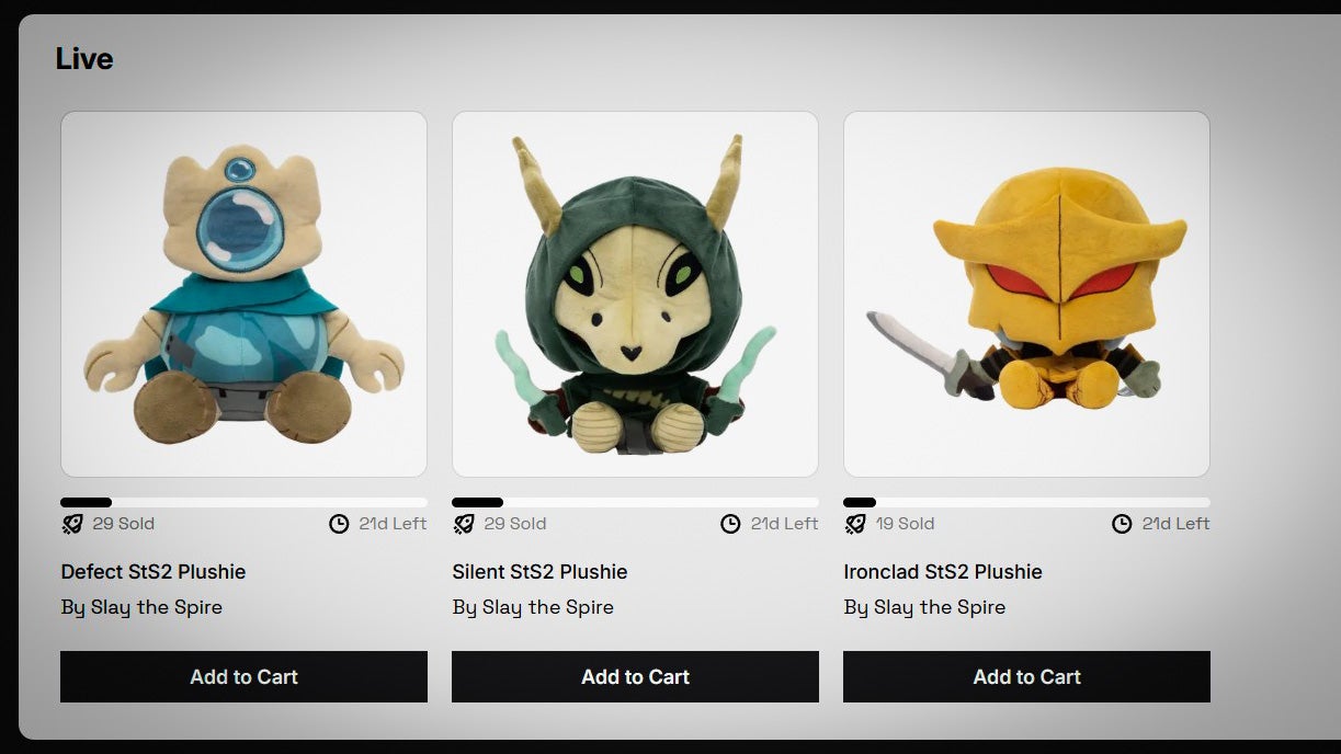 A screenshot of a storefront selling Slay the Spire 2 plushies. There are three of them here.