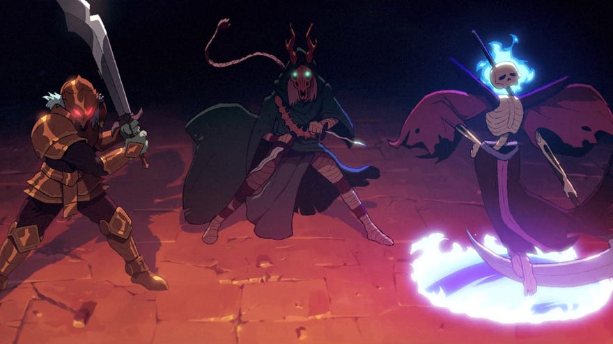 The Ironclad, Silent, and a mysterious skeletal warrior stand collectively in Murder the Spire 2's announcement trailer.
