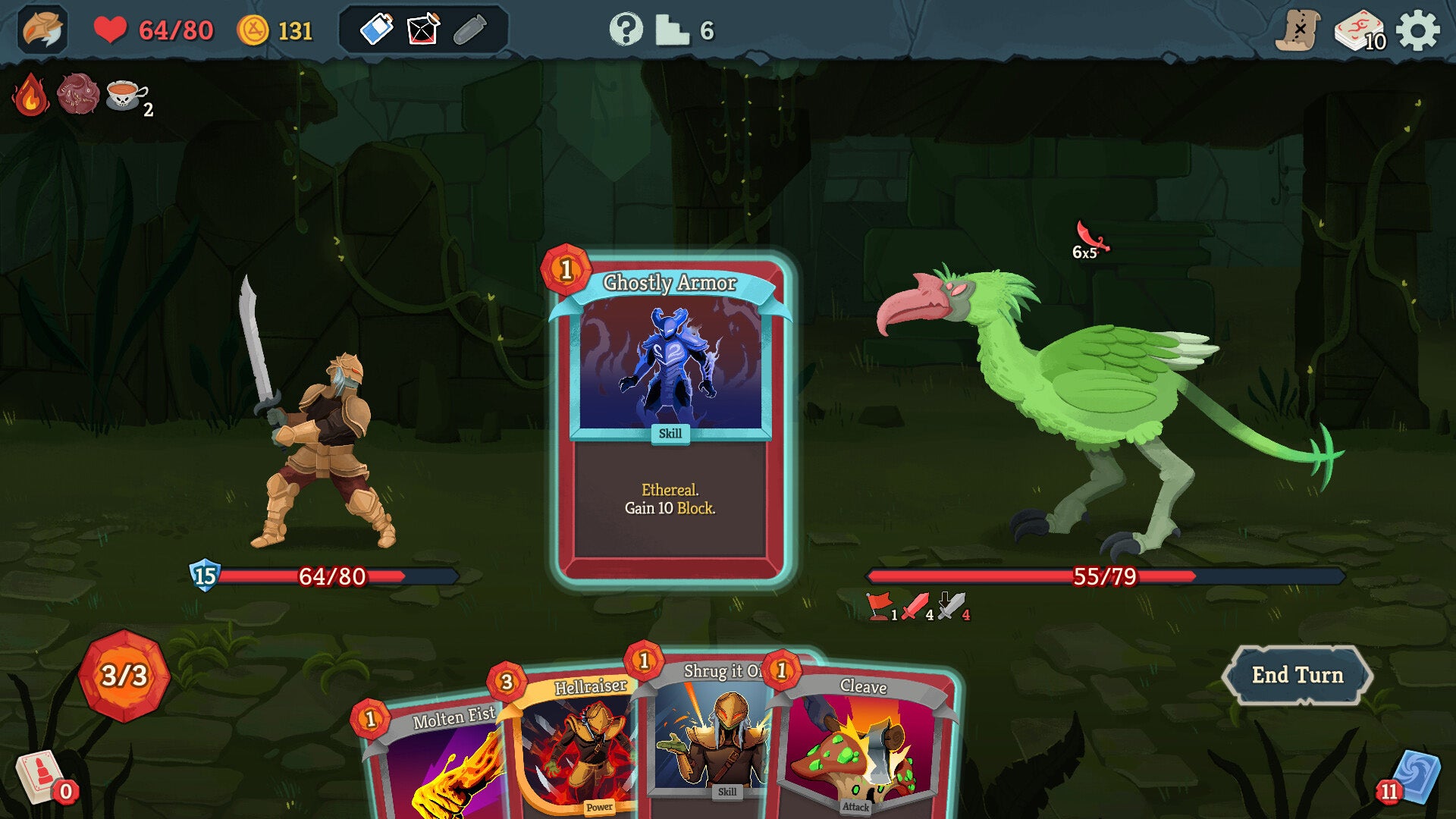 A screenshot from Slay the Spire 2, showing a person wearing a suit of armour holding a large sword fighting a dinosaur-esque bird, a collection of cards in the foreground showing the player choosing their move. - 1