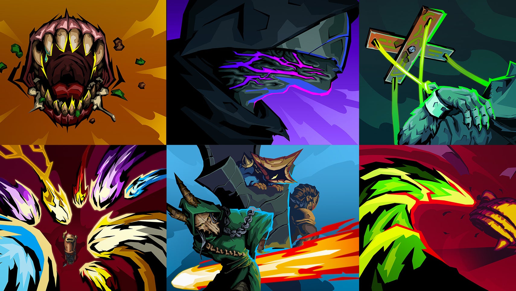 A panel of comic-bright artwork showing snapshots of various characters fighting monstrous enemies.
