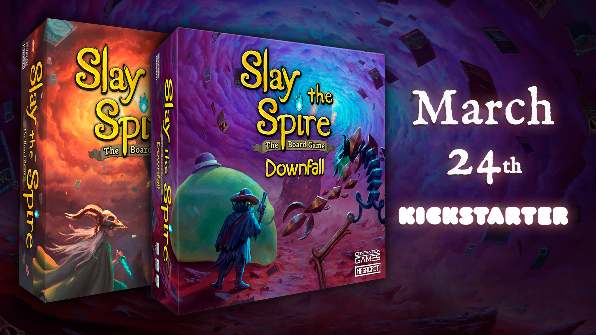 Slay the Spire 2 board game and expansion Downfall. Product shots.