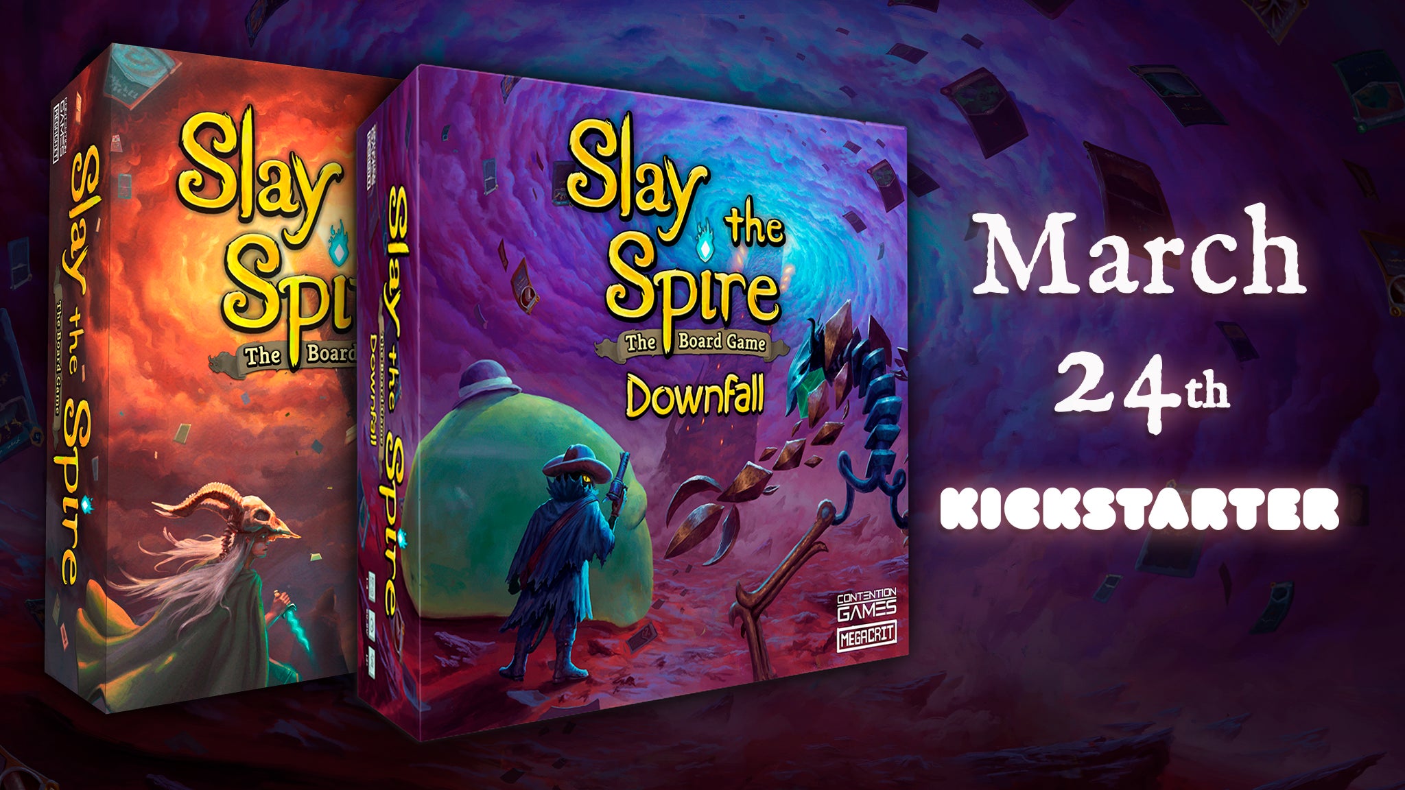 Slay the Spire 2 board game and expansion Downfall. Product shots.