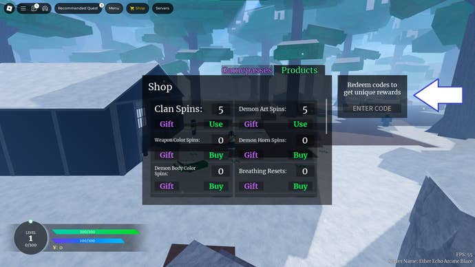 A screenshot of Slayer Online in Roblox showing the game’s codes field.