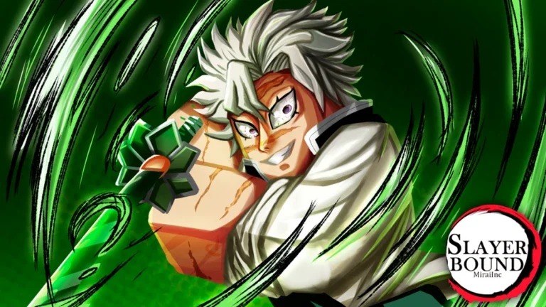Artwork for the Roblox game Slayerbound which shows a character inspired by the Demon Slayer anime and manga series.