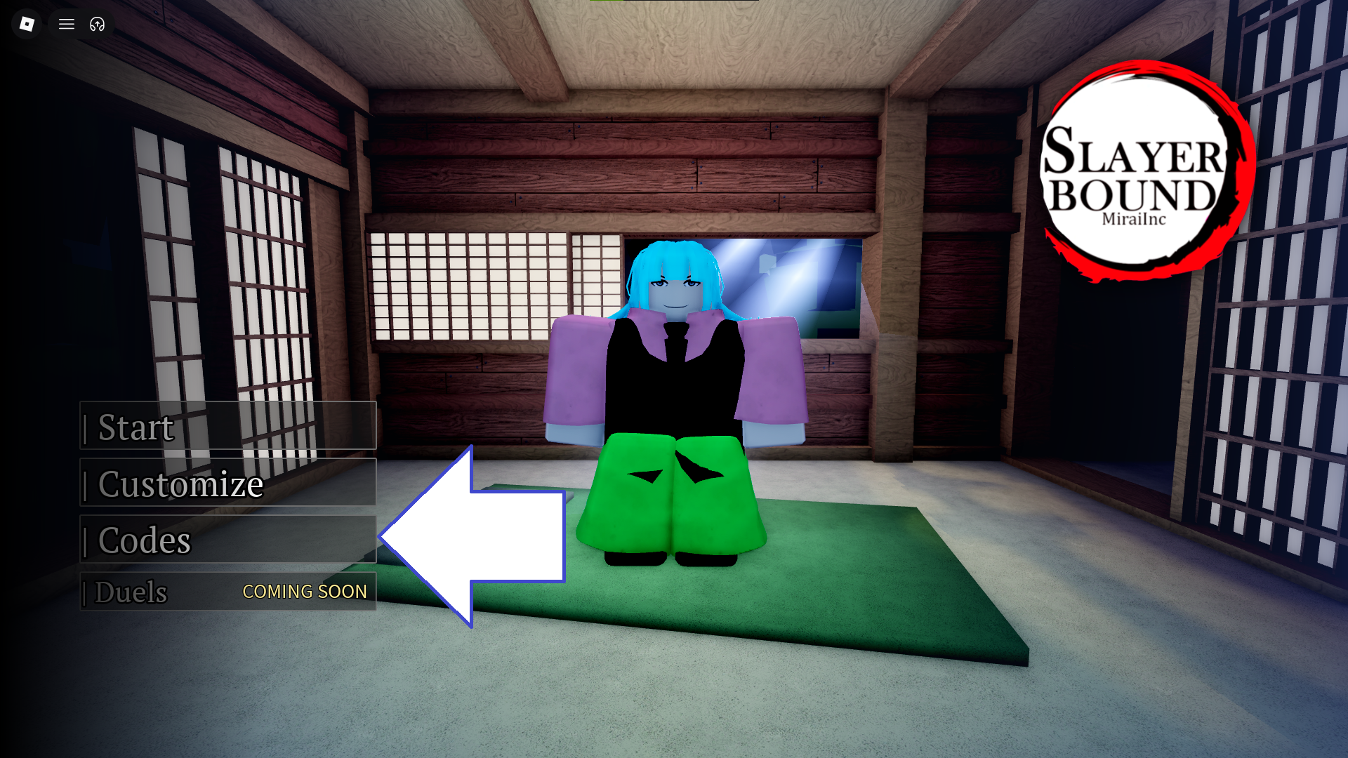 A screenshot of Slayerbound in Roblox showing the game's codes button.