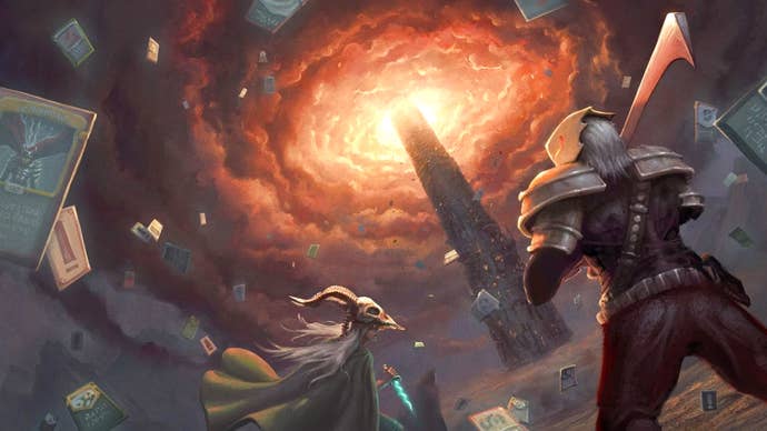 Key artwork for Slay the Spire, showing two of the characters in the games facing the infamous spire itself, which pierces the clouds above it. There’s an orange glow coming from the centre of the storm. Cards fly around in the rest of the image.