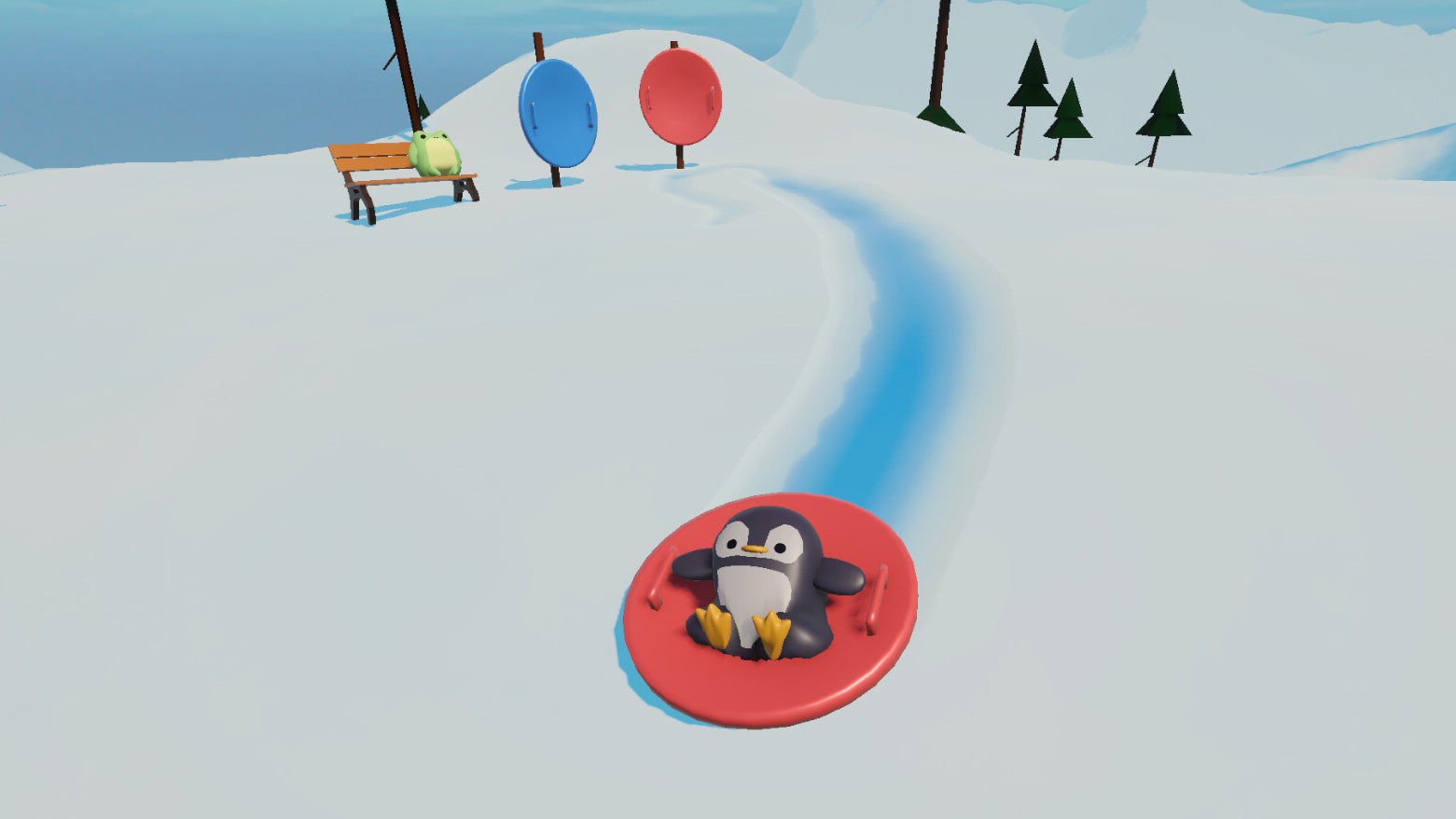 A penguin sleds down a snowy hill while a frog sits on a bench in the background. - 5