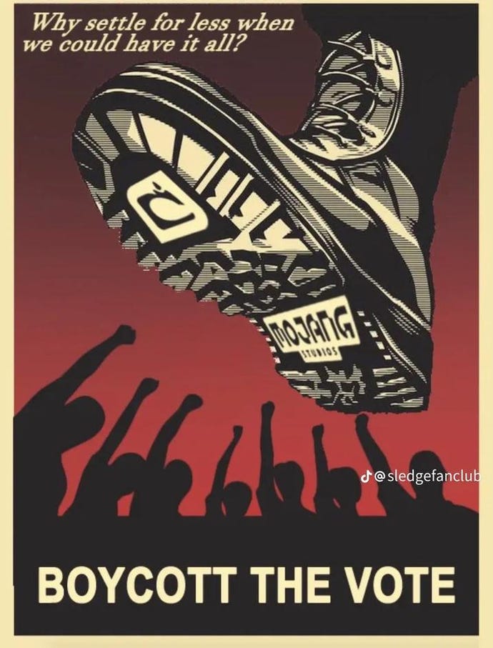 A satirical protest image about Minecraft's Mob Votes, showing a big boot labelled 'Mojang' stamping on players.