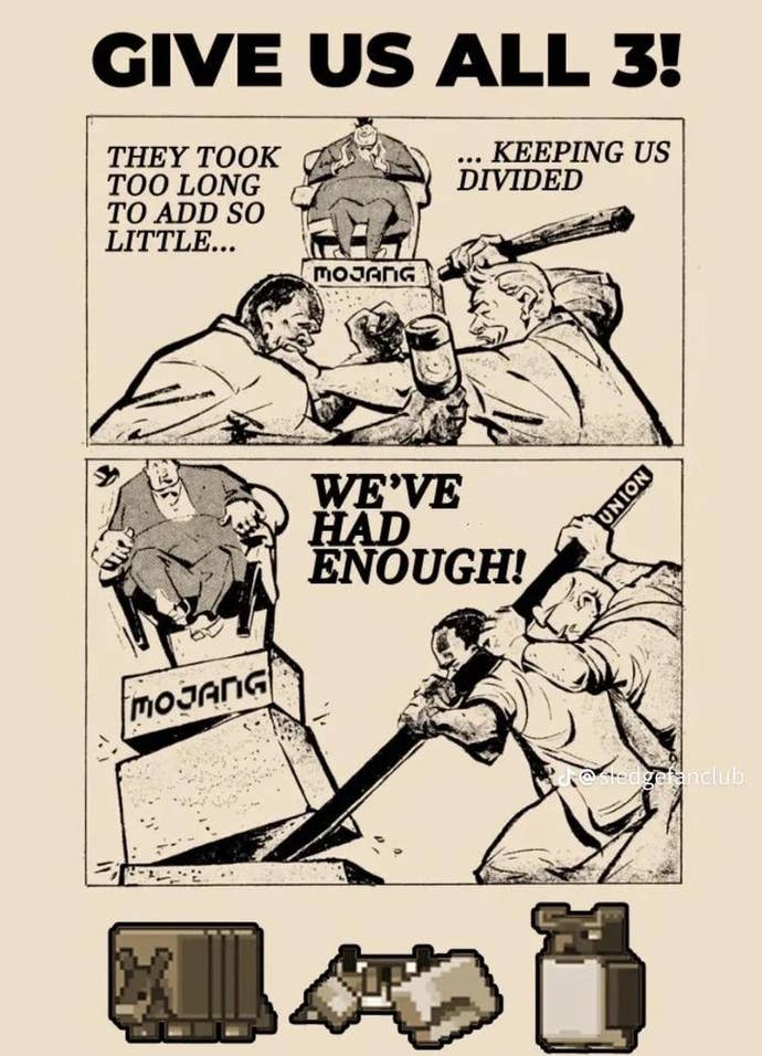 A satirical protest image about Minecraft’s Mob Votes, showing players tearing down a statue labelled ‘Mojang’ with a chuckling capitalist type sitting on it.