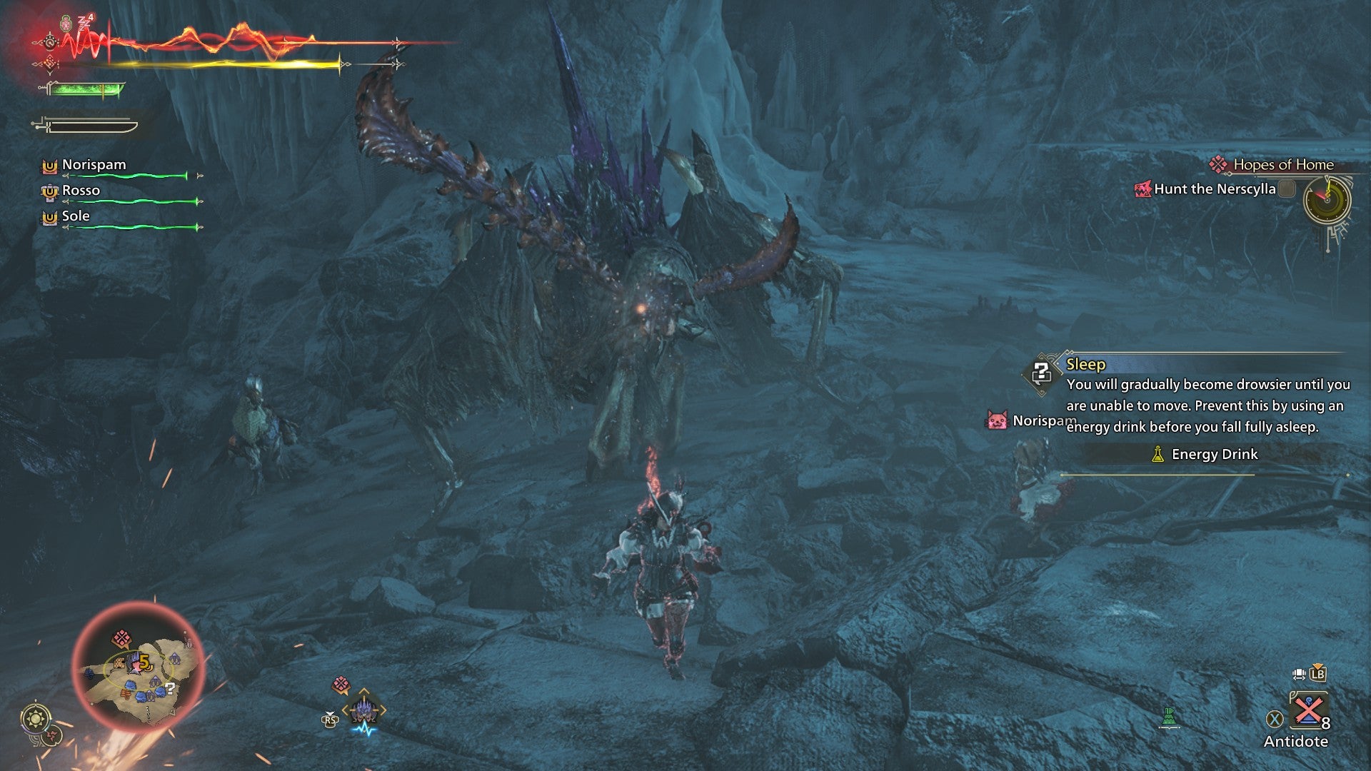 A hunter fights off the Sleep status as she fights a Nerscylla in Monster Hunter Wilds. - 6