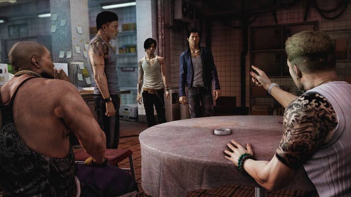 Winston Chu and the gang having a word with Wei Shen in Sleeping Dogs.