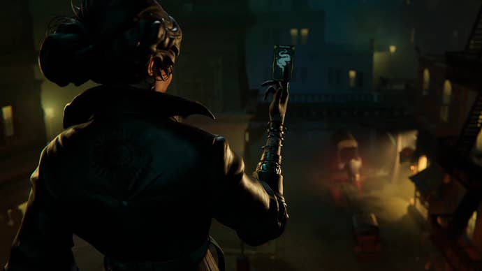 Sleight of Hand hero Lady Luck holds up a card while overlooking the streets of Steeple City