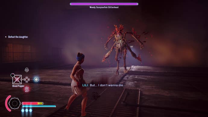 A woman in her pyjamas fights a fully evolved slitterhead.