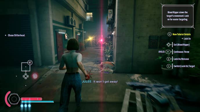 A woman chases a slitterhead in the distance through Kowlong’s narrow slums.