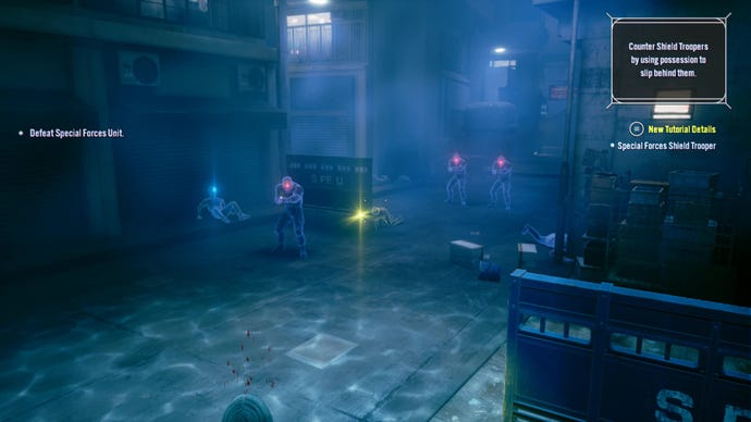 Hyoki in spirit form highlights a possessable yellow target next to some troops in Slitterhead.