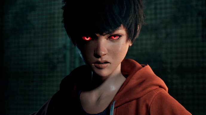 Julee stares at the camera, her eyes red having just been possessed by Hyoki in Slitterhead.