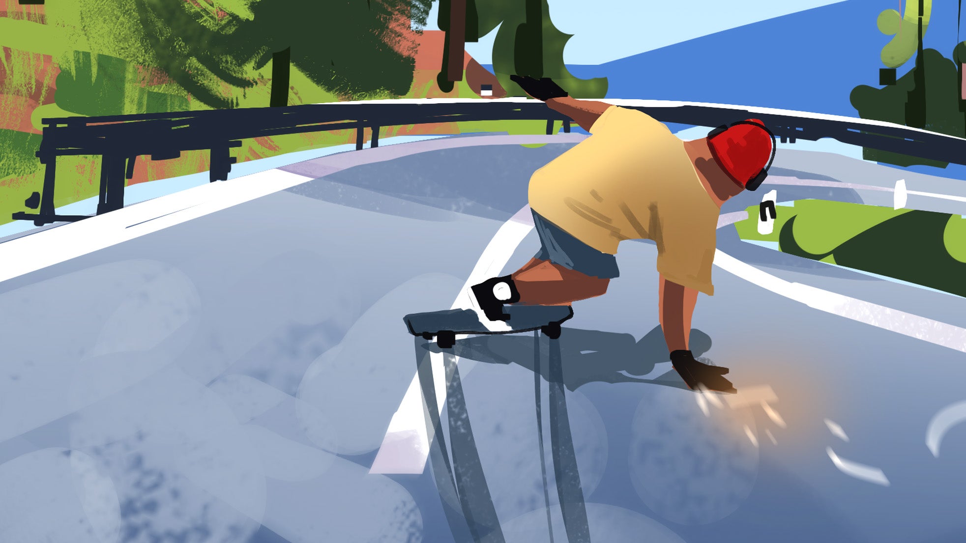 An illustrative picture from behind of a sloth on a longboard riding down a hill, and sliding out as they come up to a corner. Looks dangerous. Looks cool.