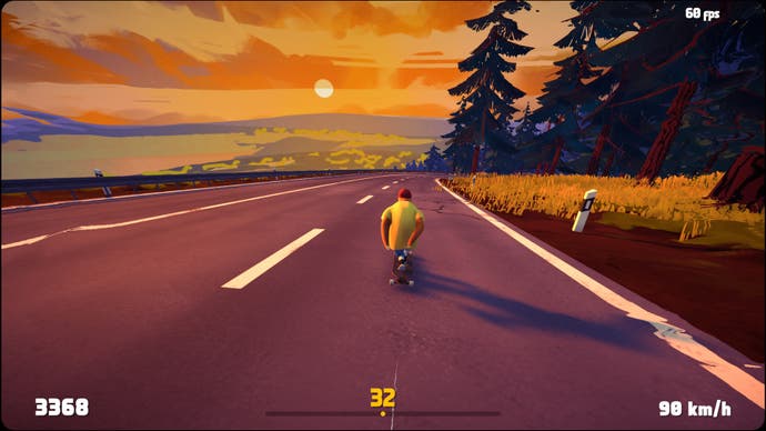 A sloth skating down a road on a hill as the sun sets, bathing everything orange. It looks serene but it's very dangerous so don't try this at home. Or do - it looks quite fun.