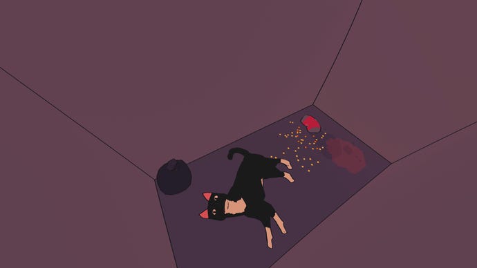 A cat lies despondently in a dumpster with some rubbish, looking stone-faced at the player