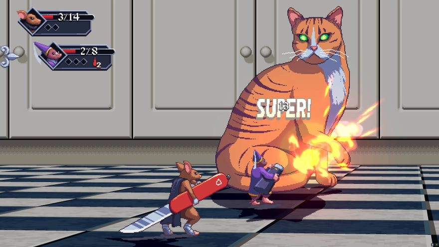 A mole attacks a cat with a cigarette lighter while a mouse with a switchblade looks on in Small Saga