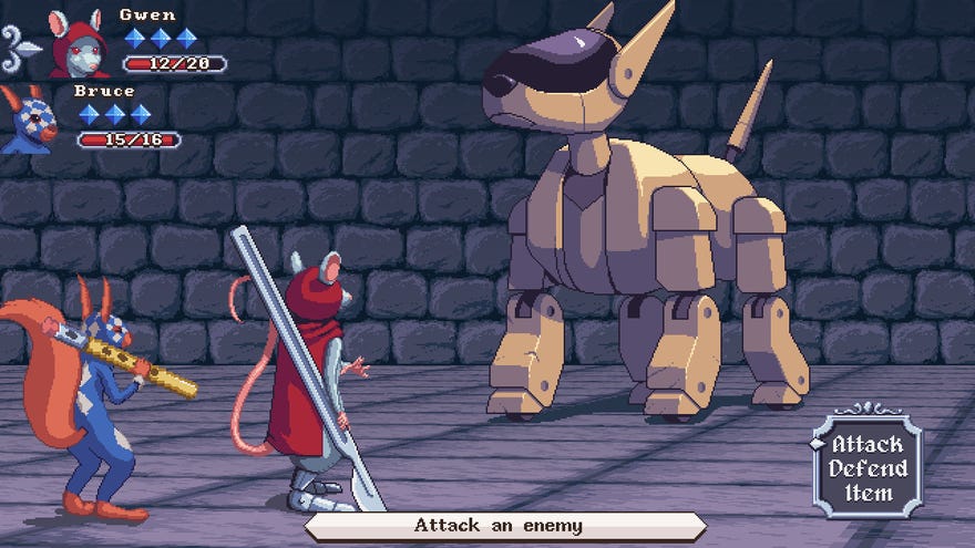 Bruce the squirrel and Gwenllian the rat battle an evil robot dog that looks like an Aibo in turn-based RPG Small Saga