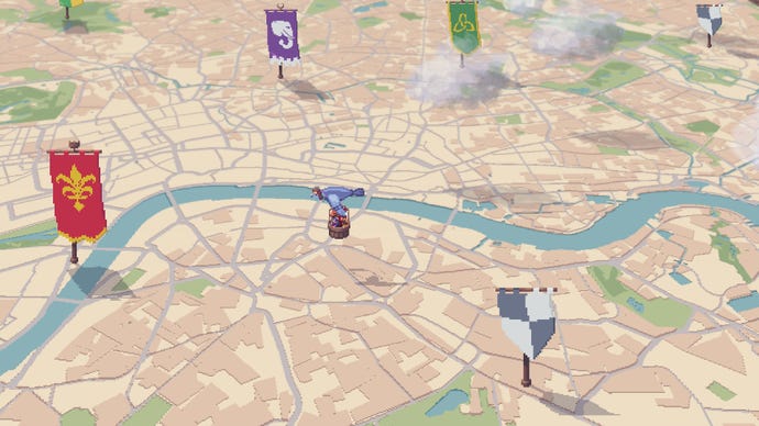 A pigeon carries rodents in a basket over an overworld map of London in Small Saga