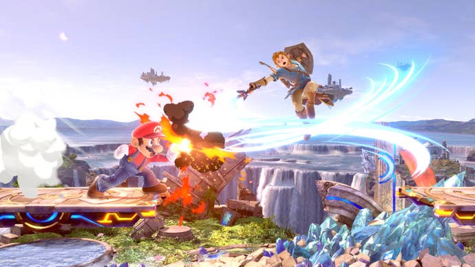 Mario and Link do battle in Super Smash Bros Ultimate.